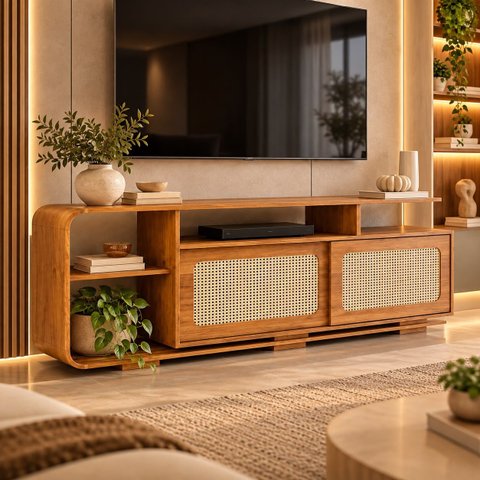 Rack para TV até 75 Polegadas 2 Portas Palinha 180cm Santorini Marrom Mel/Palha Natural