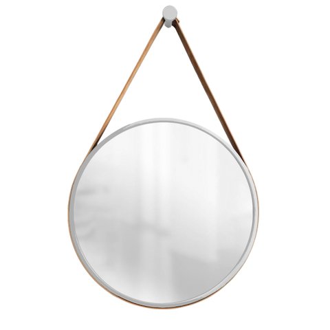 Espelho Decorativo Adnet Cinza Alça Corino Caramelo 60cm Redondo