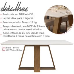 Conj Sala Jantar 170x90 Kiyas Freijo Off White Veludo Moca DJ Moveis - 5