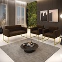 Ver mais imagens de Kit 1 Sofá Namoradeira e 2 Poltronas Elisa Suede Marrom Base Metálica Industrial Dourada D'Rossi