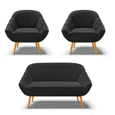 Kit 01 Namoradeira 02 Lugares e 02 Poltronas Giovana Suede Preto Pés Palito Castanho - D’Rossi