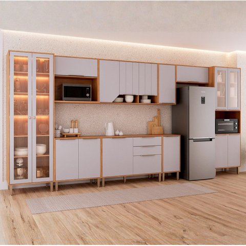 Cozinha Modulada 9 Peças com 1 Cristaleira 2 Balcões 4 Armários Aéreo e 1 Torre Celeste Bege Cinamomo/Platina