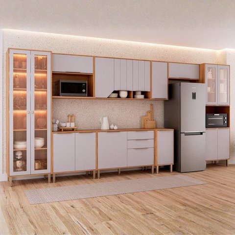Cozinha Modulada 9 Peças 1 Cristaleira 2 Balcões 4 Armários Aéreo 1 Torre Celeste Cinamomo/Platina