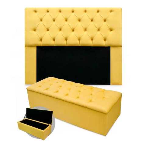 Kit Cabeceira + Calçadeira Baú Mirage Casal 140cm Suede - Ecotec Decor:Amarelo