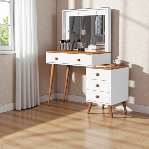 Penteadeira Camarim Ágata 4 Gavetas Espelho Luz Led Pés Madeira Maciça:branco/nature