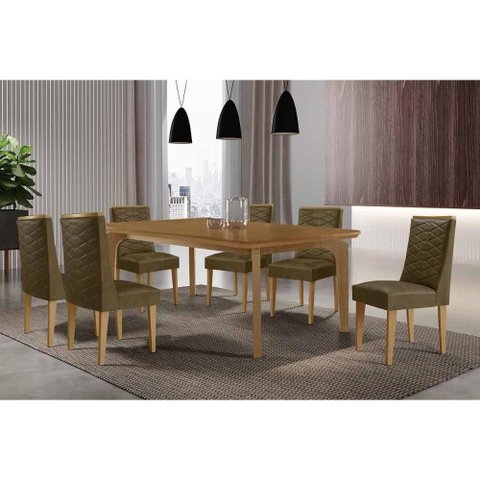 Conjunto: Mesa de Cozinha Londrina Tampo Curvo 180cm+6 Cadeiras Dafne Madeira Naturale - Capuccino/