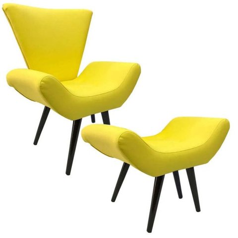 Poltrona e Puff Elegance Pé Palito Courino Amarelo