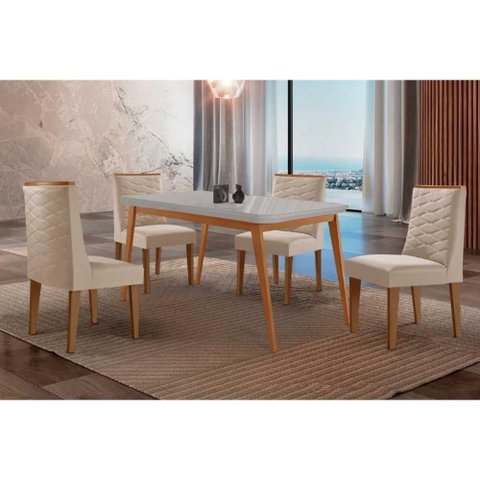 Conjunto: Mesa Sala Jantar Havana Tampo c/ Vidro Curvo 120cm+4 Cadeiras Dafne Madeira Naturale/Off