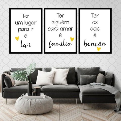 Kit 3 Quadros Lar, Família, Benção -Amarelo 33x24cm - com vidro:Madeira preta