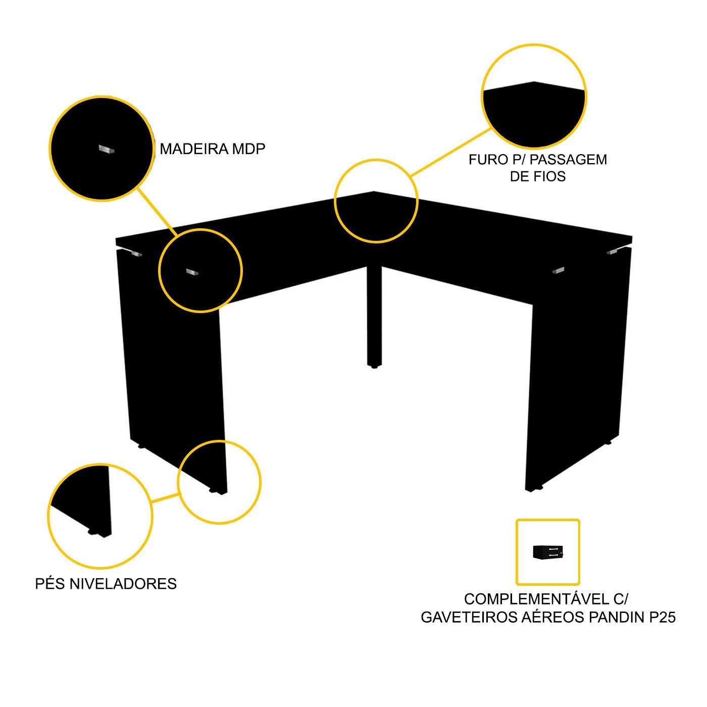 MESA EM L P/ ESCRITÓRIO 155X155 PANDIN P25 - PRETO ET155155P25PP - 6