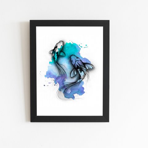 Carpa Peixe Azul Minimalista Quadro Moldura Preta 60x40cm