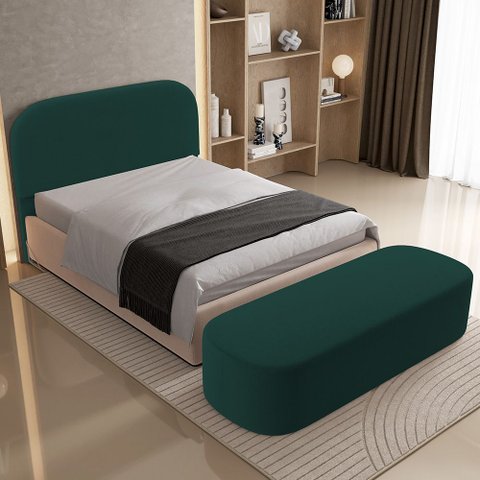 Cabeceira Cama Box Casal 195cm Lanna com Puff Recamier Doha W01 Bouclê Verde - Lyam Decor