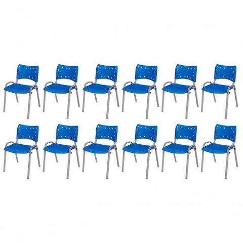 Cadeira Iso Base Cinza, Igreja, Escola, Escritório - Azul Kit 12 Peças