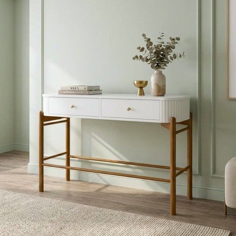 Aparador 2 Gavetas MDF com Pés em Madeira Maciça Aurora Off White/Castanho