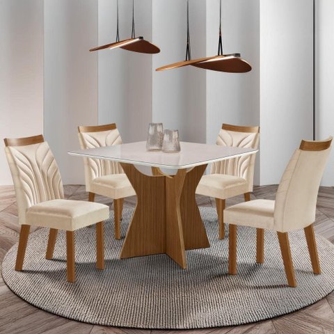 Conjunto Mesa de Jantar com Vidro e 4 Cadeiras 90cm Multimóveis Crljm-CON024 Madeirado/Off White