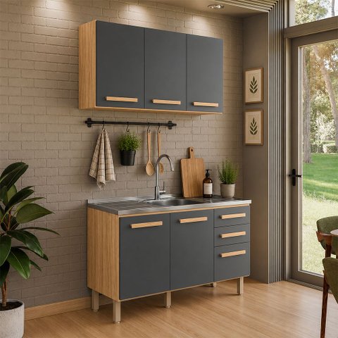 Conjunto de Cozinha Intenza 120cm com Armário Aéreo e Balcão com Pia Freijó Chumbo Nicioli Ghelplus