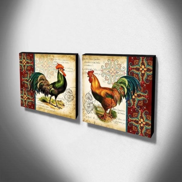 Kit 02 Quadros Cozinha Vintage Galos Canvas 30x30cm-COZ107 - 3