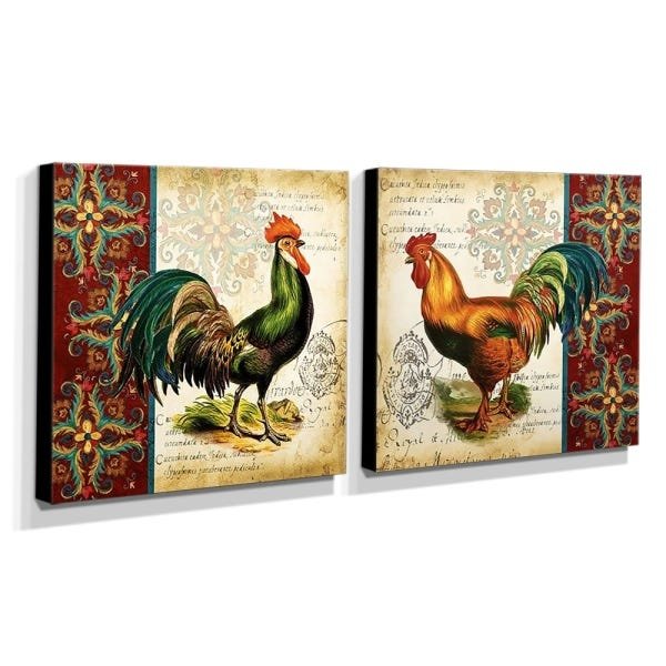 Kit 02 Quadros Cozinha Vintage Galos Canvas 30x30cm-COZ107 - 2