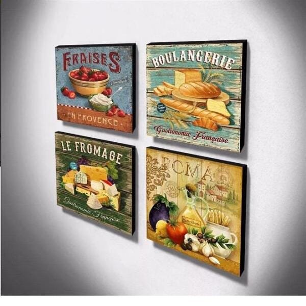 Kit 04 Quadros Cozinha Vintage Alimentos Canvas 30x30cm-Coz222 - 3