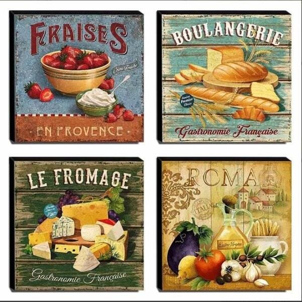 Kit 04 Quadros Cozinha Vintage Alimentos Canvas 30x30cm-Coz222 - 1