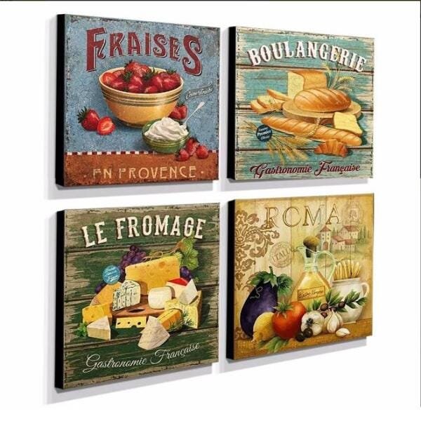 Kit 04 Quadros Cozinha Vintage Alimentos Canvas 30x30cm-Coz222 - 2