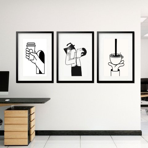 Kit 3 Quadros Grandes Love Coffee 60x48cm:moldura Branca