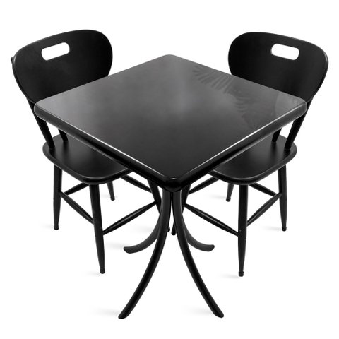 Cj Mesa Madeira 60x60cm - Bistrô Fixa 78cm + 2 Cadeiras 43 - Preta - Liso