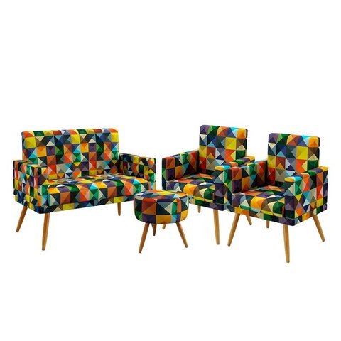 Kit Poltrona Namoradeira e 2 Poltronas Nina Rodapé com Puff Solar Suede Estampado Colorido Aradecor