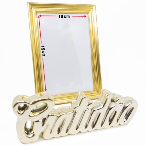 Kit Escultura Palavra + Porta Retrato Decorativo Enfeite Top - Gratidão Dourado + Porta Retrato