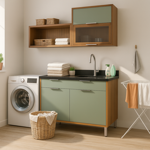 Conjunto Armários Modular para Lavanderia Balcão 120cm + Aéreos 160cm Armazenamento Mdf Multiuso:ver