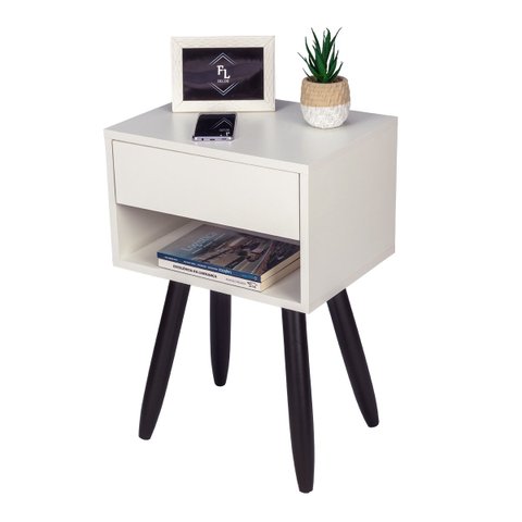 Mesa de cabeceira OFF WHITE Retro 60cm de altura pés marrom escuro - enviamos montada