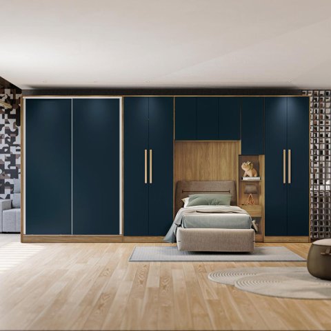Guarda Roupa Quarto Modulado Solteiro Adapt  6 Peças Nogueira/Azul Profundo 450cm - Kappesberg