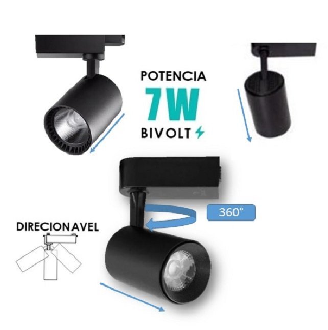 Kit Trilho Eletrificado 2 Metros Preto + 6 Spots Led 7w Luz 6500k - 5