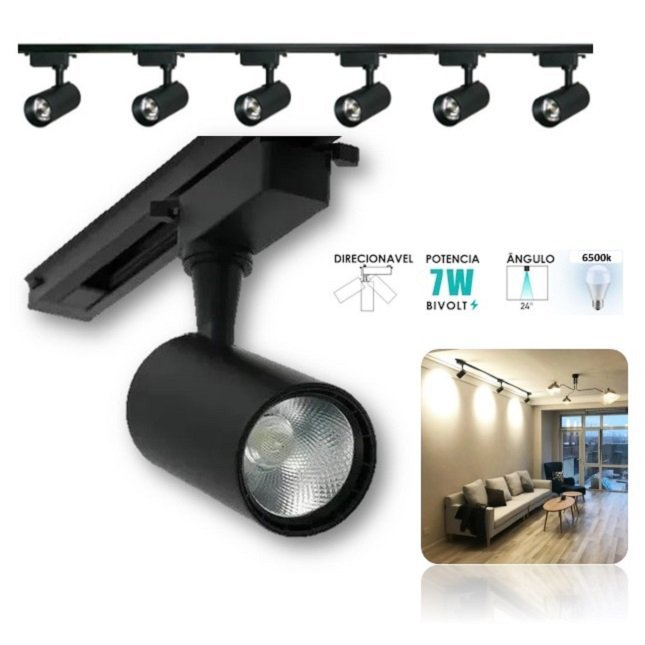 Kit Trilho Eletrificado 2 Metros Preto + 6 Spots Led 7w Luz 6500k - 2