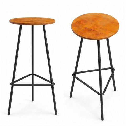 Banqueta Retro Alta Ferro Industrial Assento Peroba 70cm