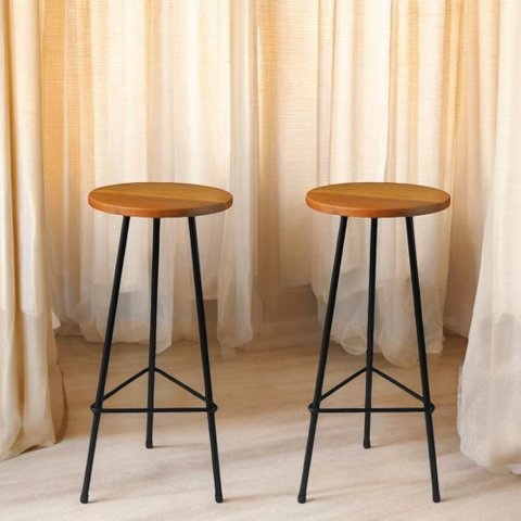 Banqueta Retro Alta Ferro Industrial Assento Peroba 70cm