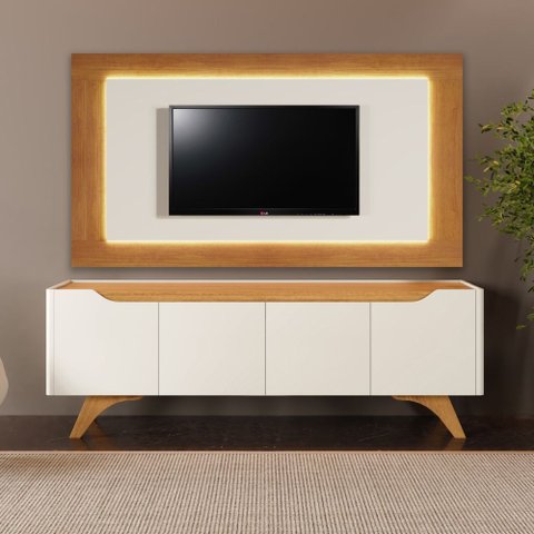 Conjunto Painel com LED e Rack Atenas 180 cm Off White/Naturalle Mavaular
