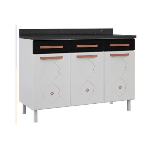 Balcão de Cozinha Mirage New Aço 3 Portas e 3 Gavetas C/tampo 120cm Branco/preto - Telasul