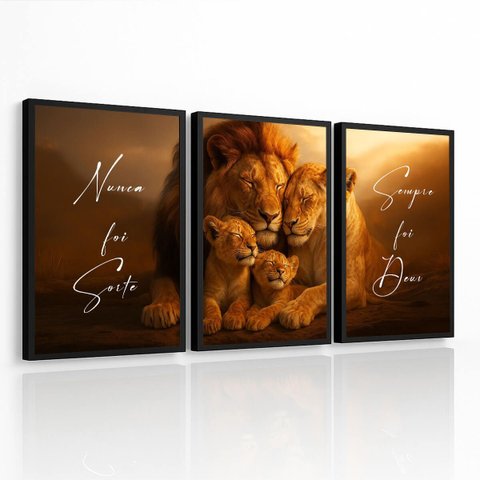 Kit 3 Quadros Decoração Grande Nunca Foi Sorte Família Leão para Sala Quarto com Moldura 40x60cm