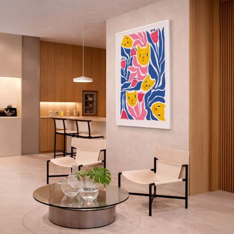 Quadro Canvas Abstrato Matisse Gatos 90x60cm Mold Preta