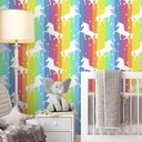 Ver imagem 1 de Papel de Parede Infantil Unicórnio com Fundo Arco Íris-60x300cm