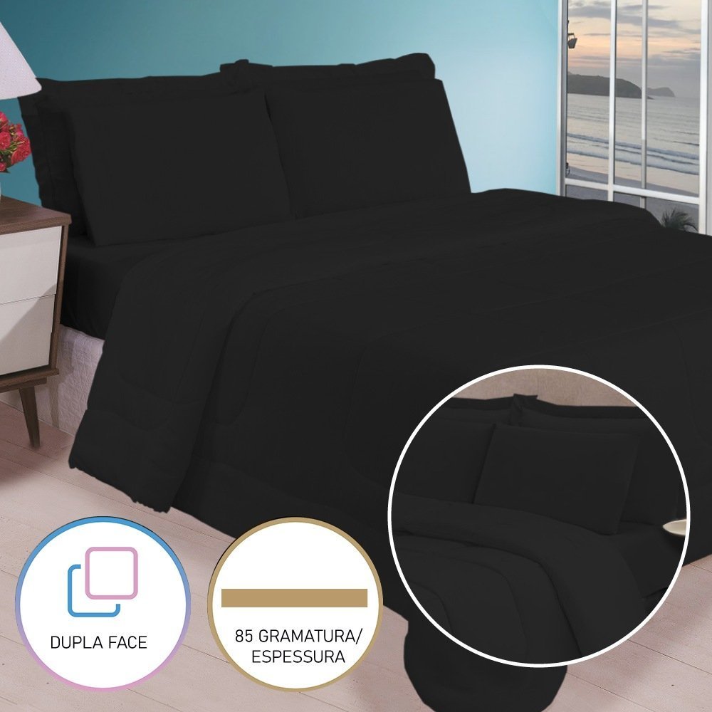 Kit Roupa de Cama Casal com Cobre Leito de Verão 5 Peças Preto Casa Dona - 2