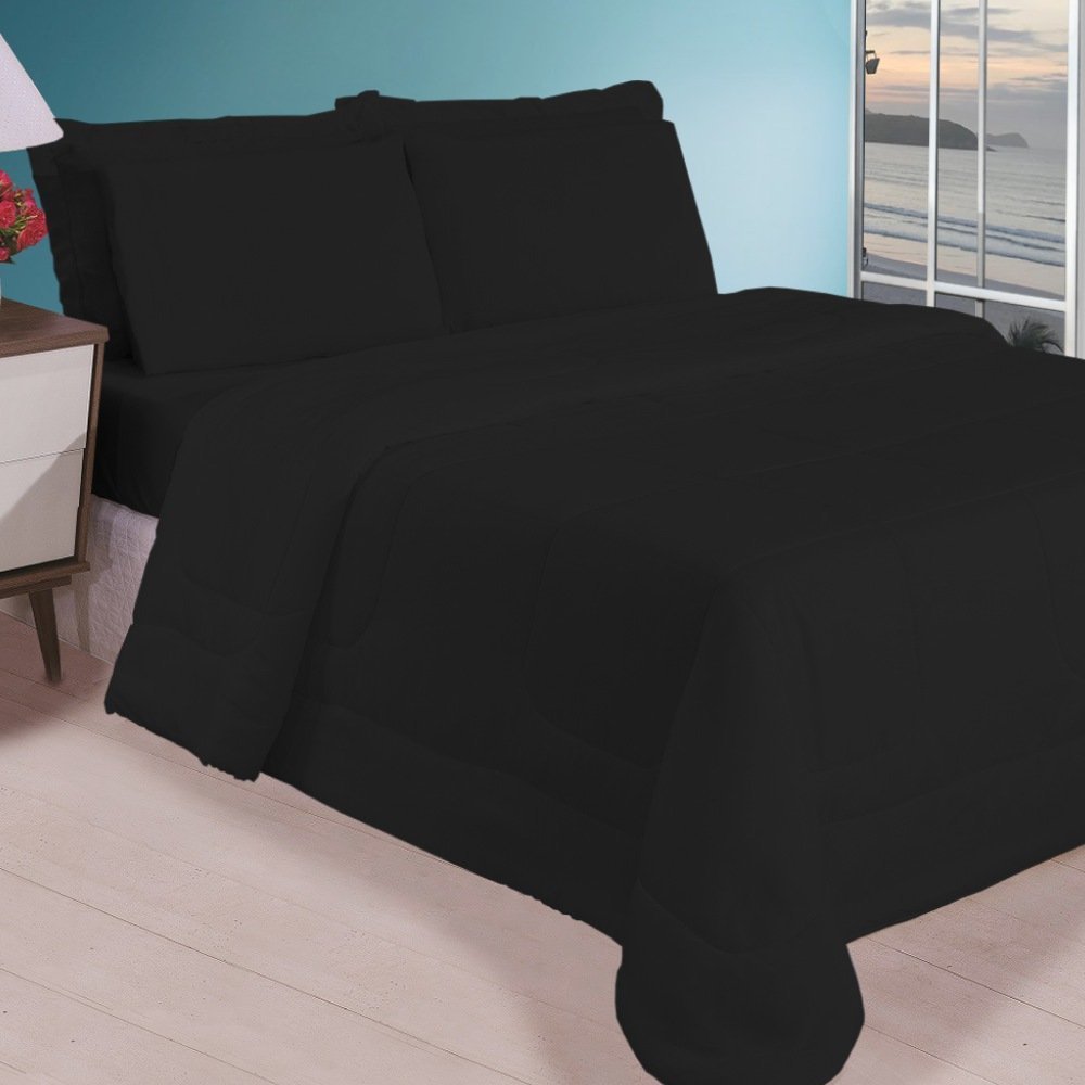 Kit Roupa de Cama Casal com Cobre Leito de Verão 5 Peças Preto Casa Dona - 1