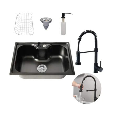 Kit Cuba Cozinha Gourmet Aço Inox 60x42  E Torneira Flexível Preta Brinovar