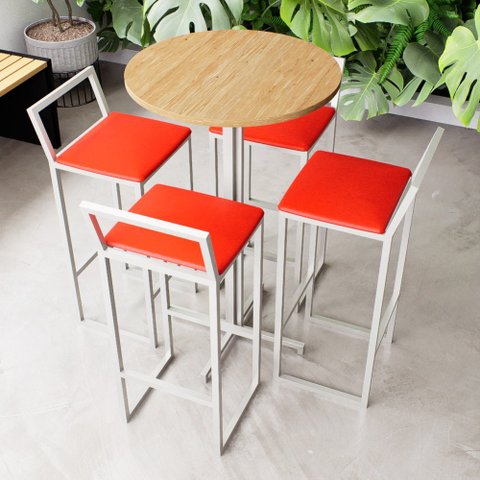 Conjunto Mesa Alta Bistrô Redonda Pinus 4 Cadeiras Estofado Industrial White Don Castro