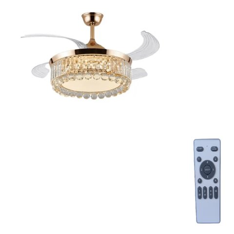 Ventilador Teto Retrátil Lustre Cristal Led Dourado Controle Remoto