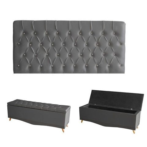 Kit Estrela Cabeceira de Cama Painel e Calçadeira Baú Botão Cristal King 195 Cm Suede Grafite Eli Mó