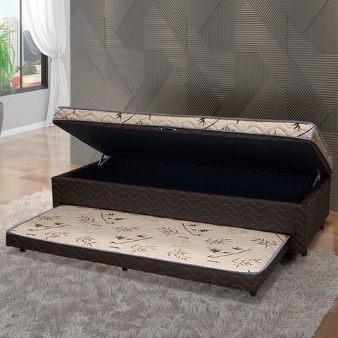 Cama Box Solteiro Ortopédica Conjugada Baú com Cama Auxiliar 88cm x 51cm D28 Laura Rbf Marrom/Bambuzinho