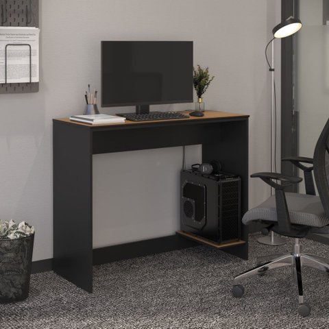 Escrivaninha Livia Office com Passa Fios e Tampo Mdf 91cm:preto/cedro