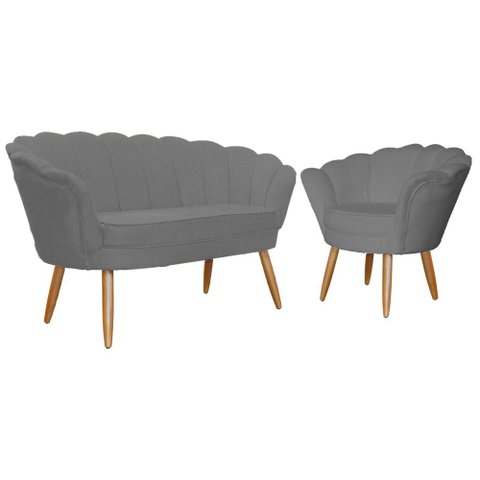 Kit Namoradeira + 1 Poltrona Decorativa Pétala Suede Cinza Pés Madeira Mz Decor